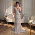 Luxury Pink Crystal Tassel Beaded Bow Mermaid Evening Dress LA73696A