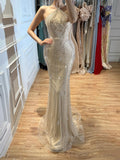 Luxury Blue Halter Beaded Mermaid Evening Dress CLA73687