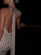 Luxury Gold Halter Crystal Mermaid Evening Dress CLA73687