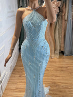 Luxury Blue Halter Beaded Mermaid Evening Dress CLA73687