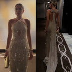 Luxury Gold Halter Crystal Mermaid Evening Dress CLA73687