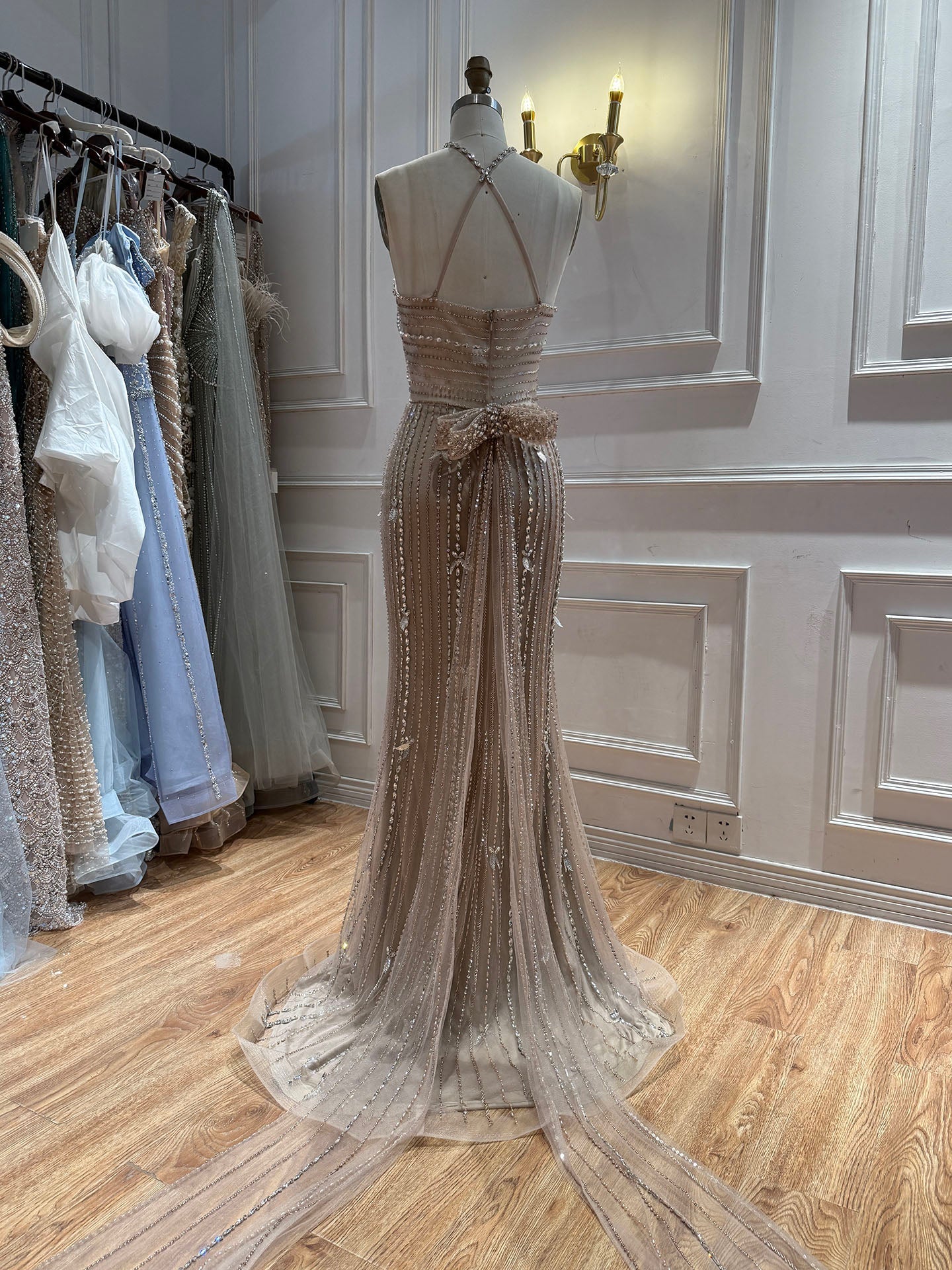 Luxury Nude Halter Crystal Beaded Mermaid Dress With Bow Back LA73687A