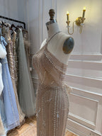 Luxury Nude Halter Crystal Beaded Mermaid Dress With Bow Back LA73687A