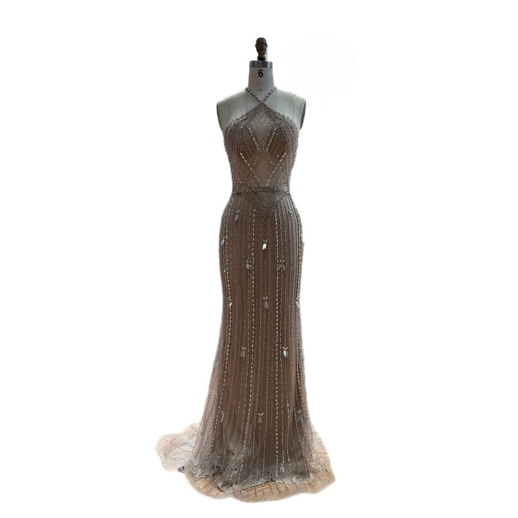 Luxury Nude Halter Crystal Beaded Mermaid Dress With Bow Back LA73687A