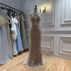Luxury Nude Halter Crystal Beaded Mermaid Dress With Bow Back LA73687A