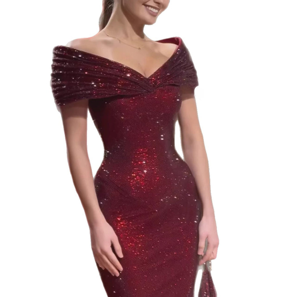 Luxury Wine Red Off Shoulder Mermaid Evening Dress CLA73689