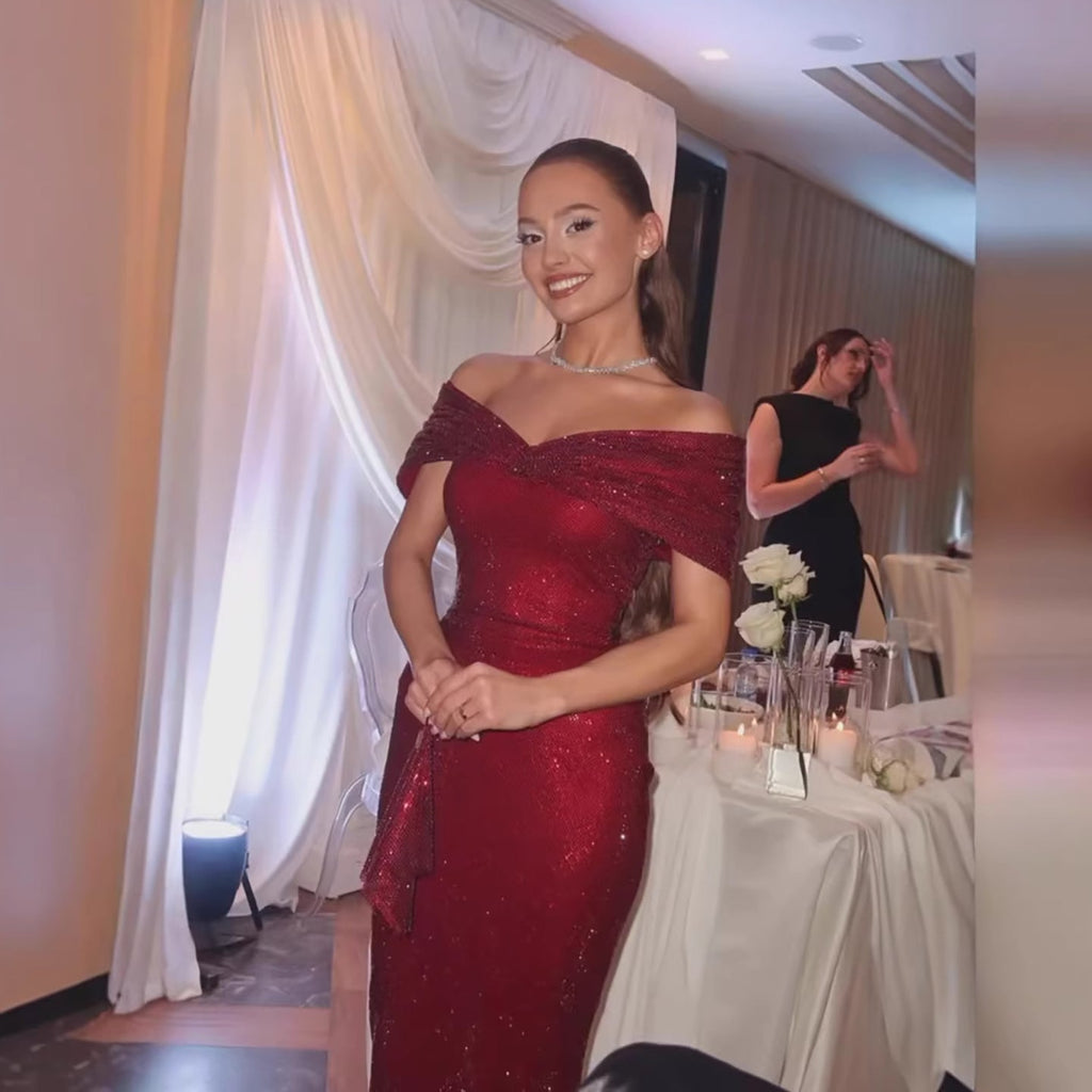 Luxury Wine Red Off Shoulder Mermaid Evening Dress CLA73689