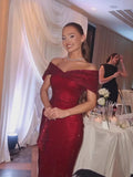 Luxury Wine Red Off Shoulder Mermaid Evening Dress CLA73689
