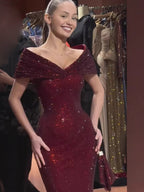 Luxury Wine Red Off Shoulder Mermaid Evening Dress CLA73689