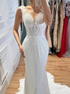 Luxury White V Neck See Through Lace Mermaid Dress LA73690
