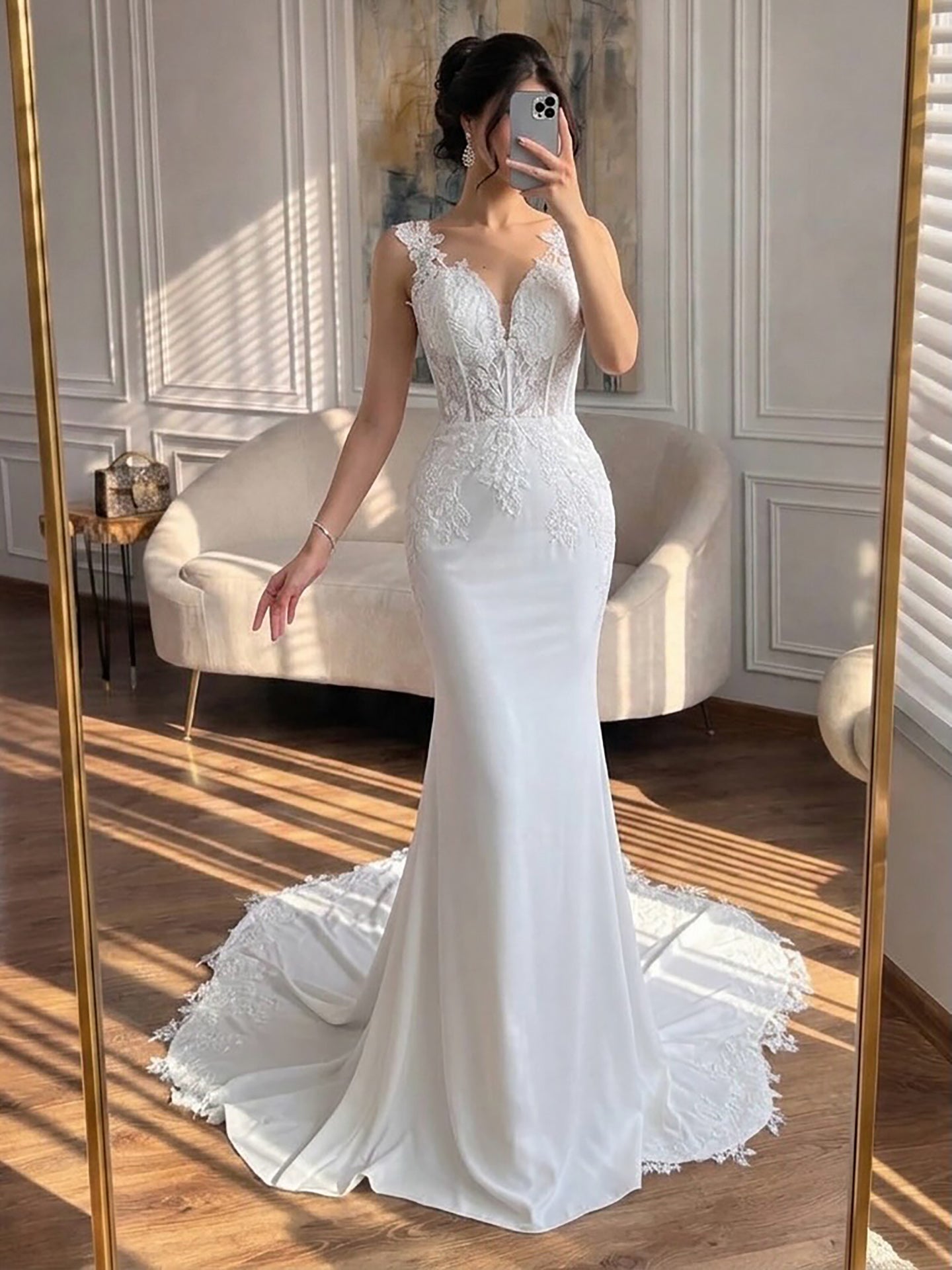 Luxury White V Neck See Through Lace Mermaid Dress LA73690