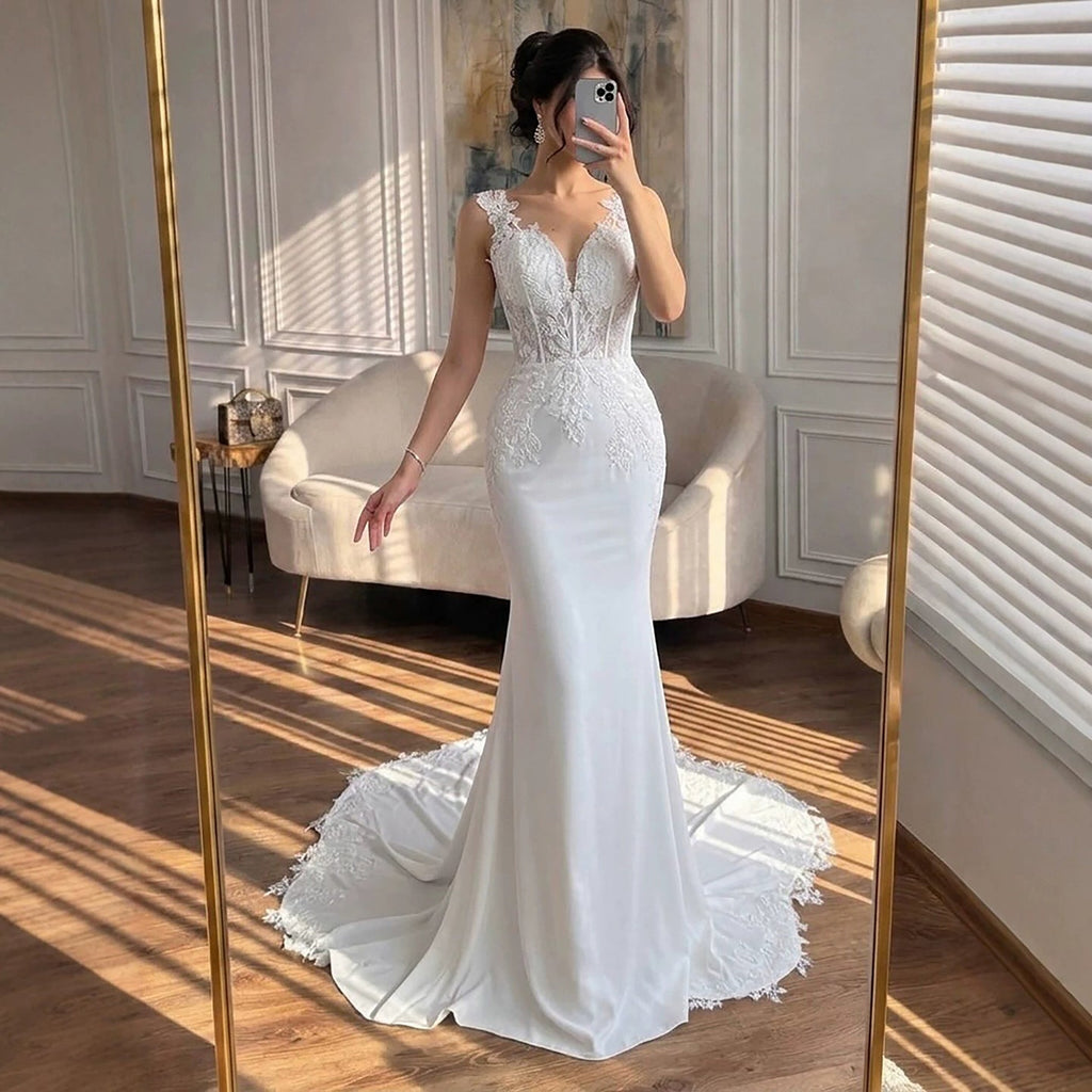 Luxury White V Neck See Through Lace Mermaid Dress LA73690