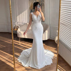 Luxury White V Neck See Through Lace Mermaid Dress LA73690