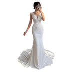 Luxury White V Neck See Through Lace Mermaid Dress LA73690