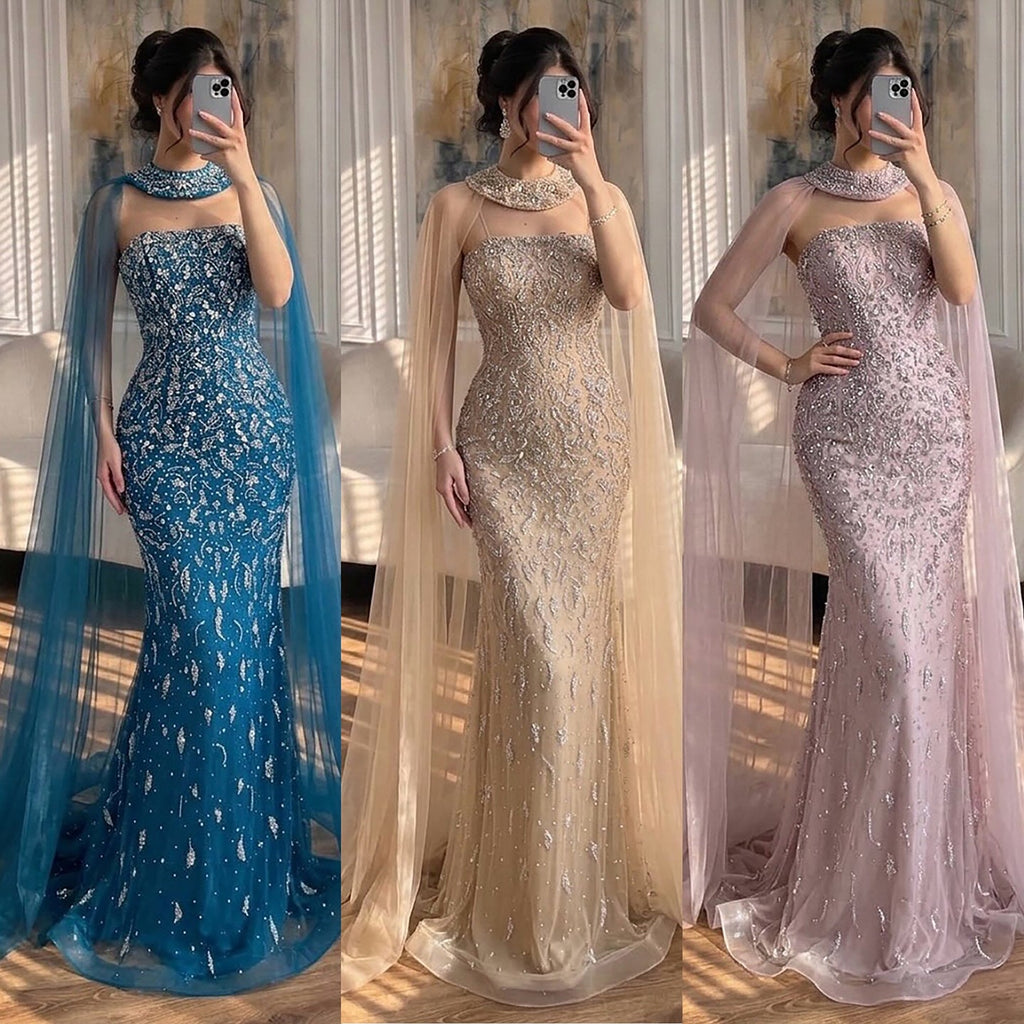 Luxury Blue Crystal Beaded Mermaid Evening Dress With Cape Sleeves CLA73692