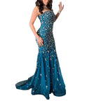 Luxury Blue Crystal Beaded Mermaid Evening Dress With Cape Sleeves CLA73692