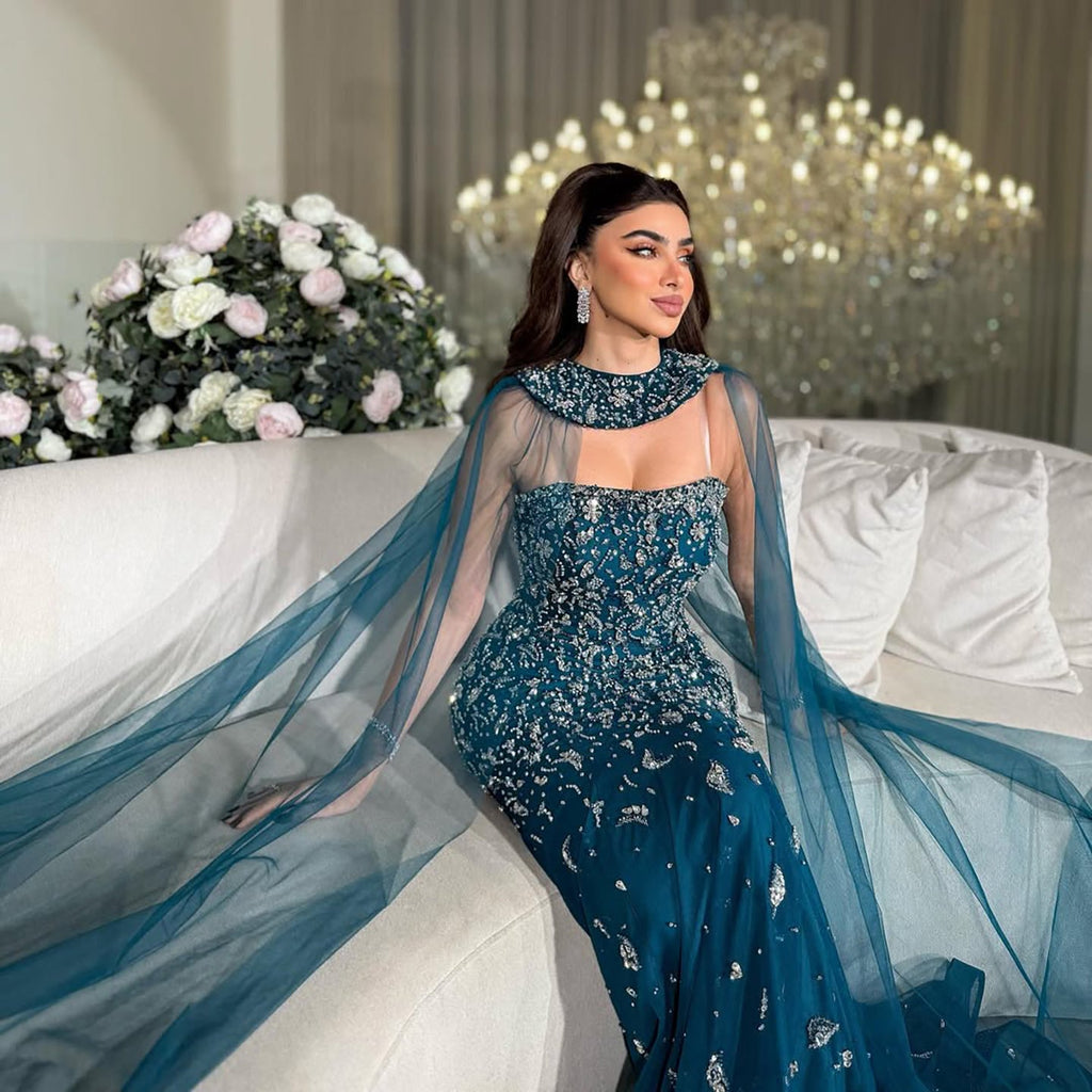 Luxury Blue Crystal Beaded Mermaid Evening Dress With Cape Sleeves CLA73692