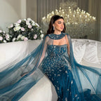 Luxury Blue Crystal Beaded Mermaid Evening Dress With Cape Sleeves CLA73692