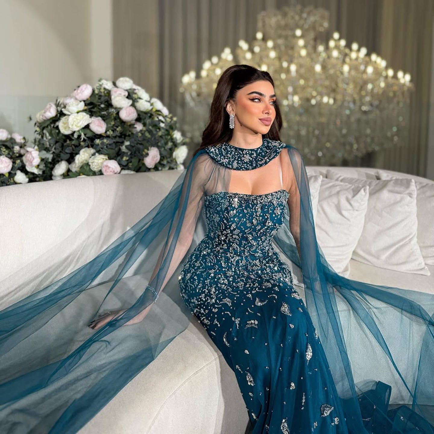 Luxury Blue Crystal Beaded Mermaid Evening Dress With Cape Sleeves CLA73692