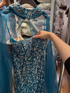 Luxury Blue Crystal Beaded Mermaid Evening Dress With Cape Sleeves CLA73692