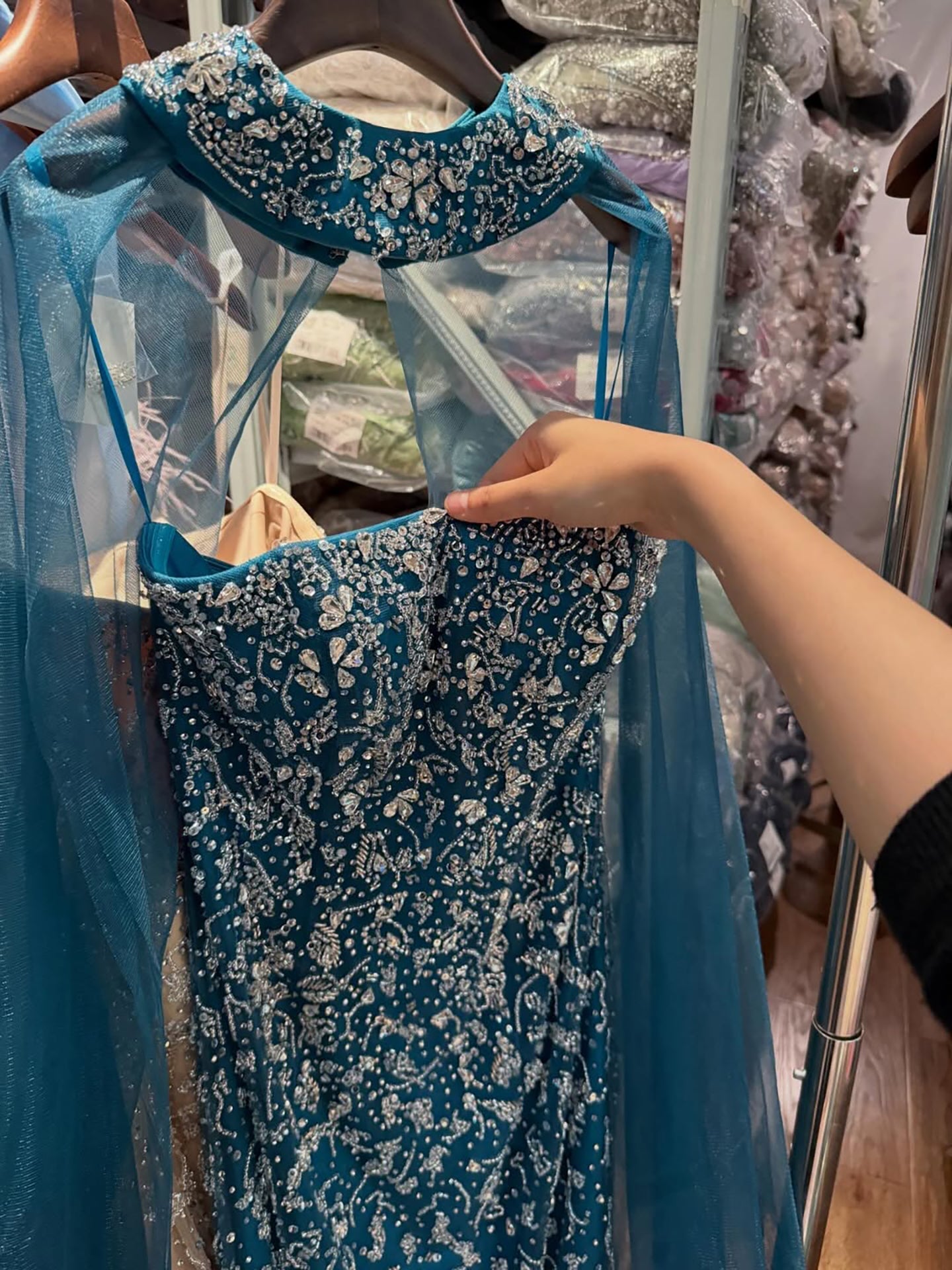 Luxury Blue Crystal Beaded Mermaid Evening Dress With Cape Sleeves CLA73692