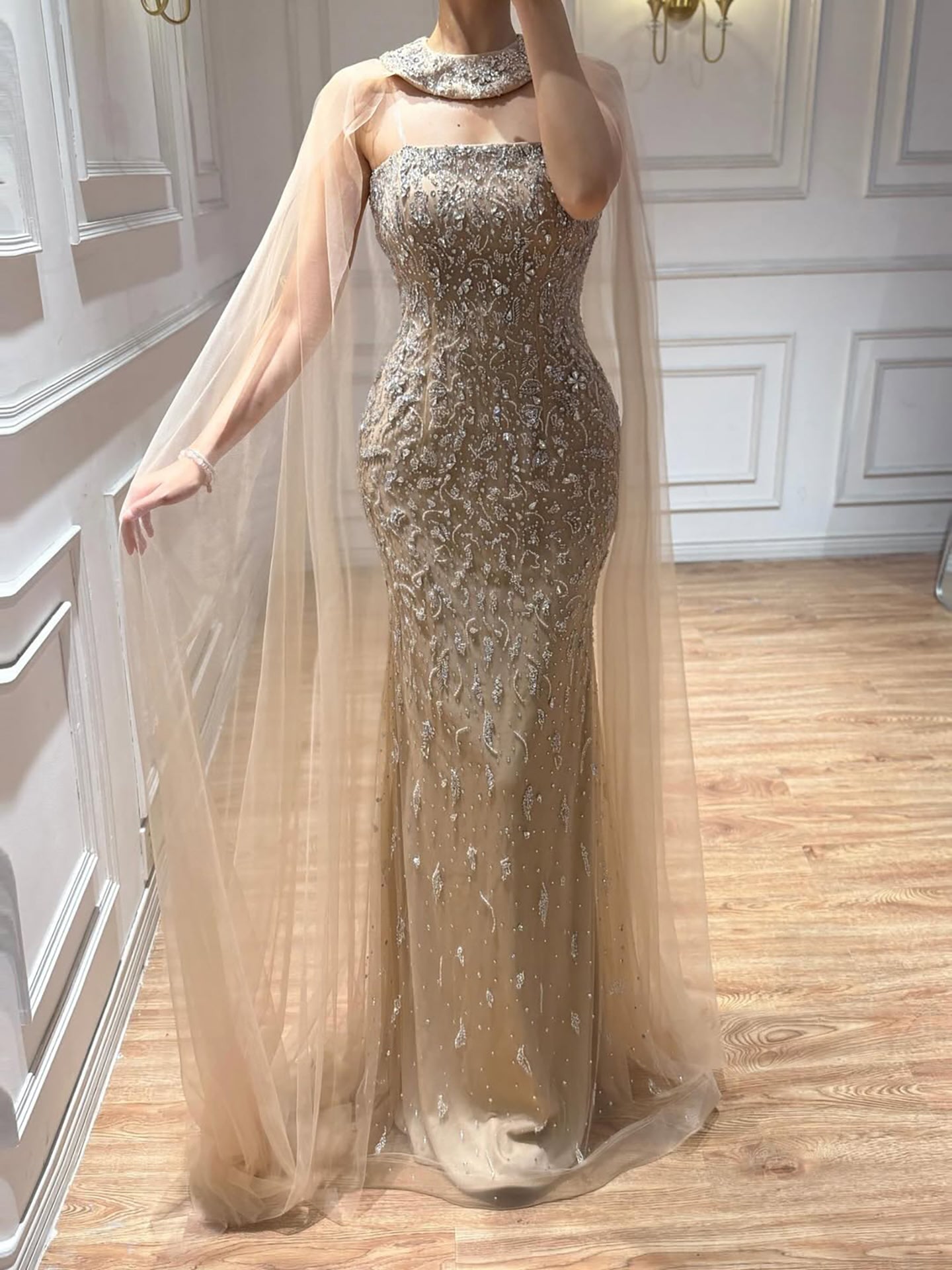 Luxury Blue Crystal Beaded Mermaid Evening Dress With Cape Sleeves CLA73692