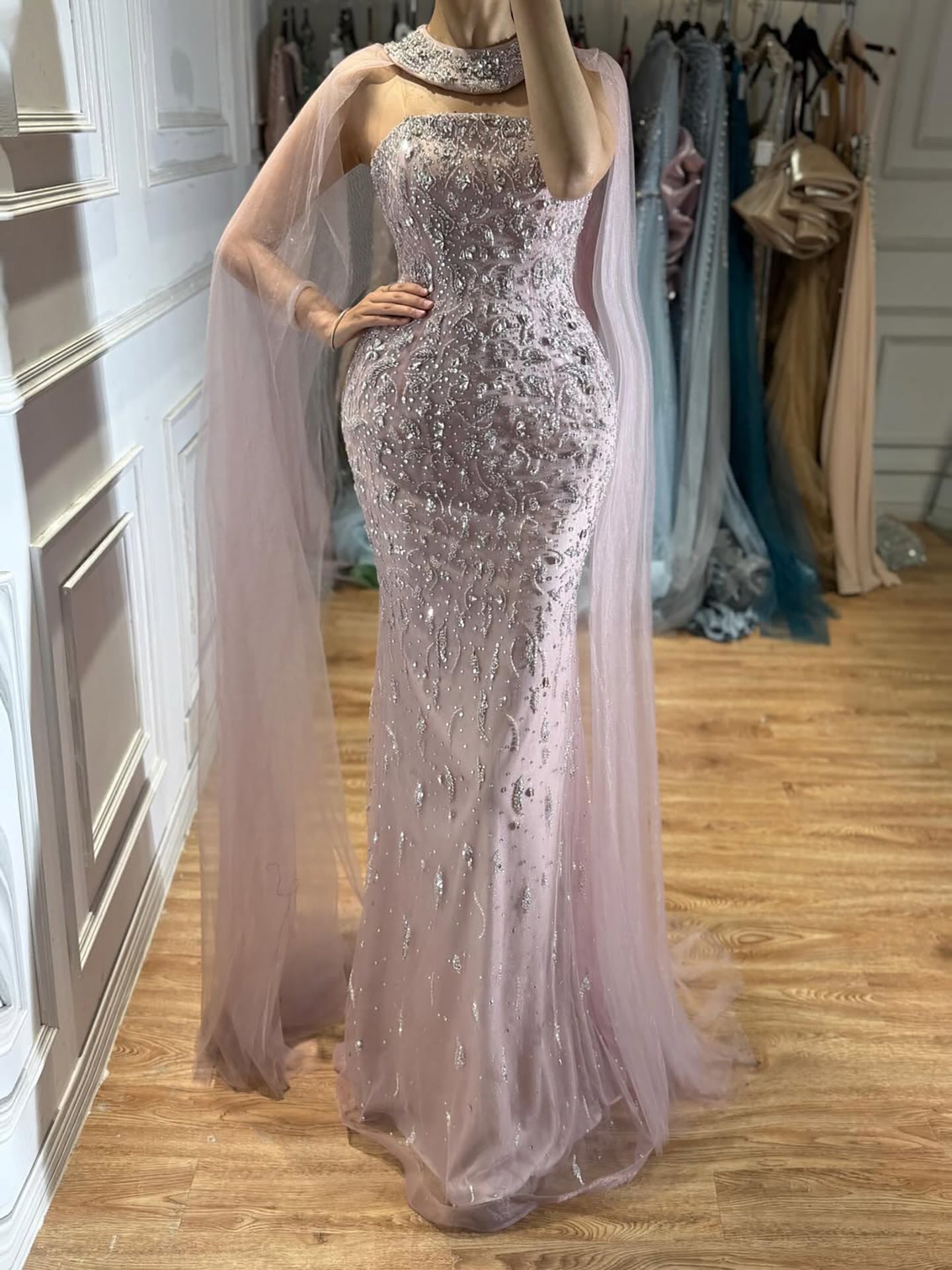 Luxury Blue Crystal Beaded Mermaid Evening Dress With Cape Sleeves CLA73692