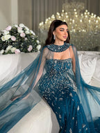 Luxury Blue Crystal Beaded Mermaid Evening Dress With Cape Sleeves CLA73692