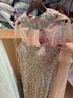 Luxury Blue Crystal Beaded Mermaid Evening Dress With Cape Sleeves CLA73692