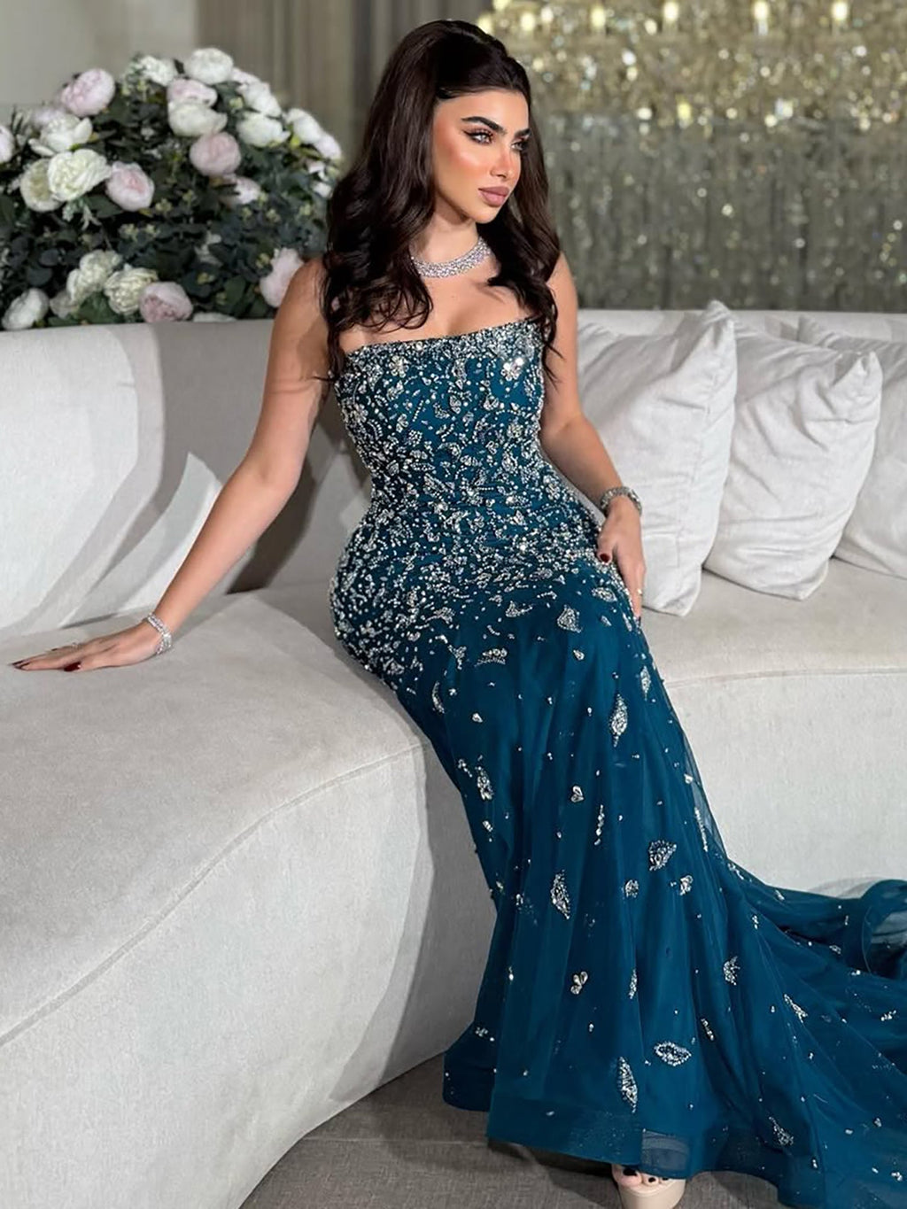 Luxury Blue Crystal Beaded Mermaid Evening Dress With Cape Sleeves CLA73692