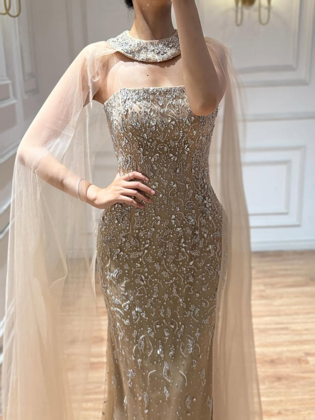 Luxury Blue Crystal Beaded Mermaid Evening Dress With Cape Sleeves CLA73692
