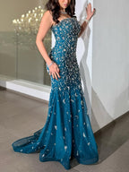 Luxury Blue Crystal Beaded Mermaid Evening Dress With Cape Sleeves CLA73692