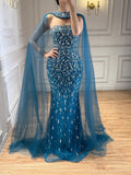 Luxury Blue Crystal Beaded Mermaid Evening Dress With Cape Sleeves CLA73692