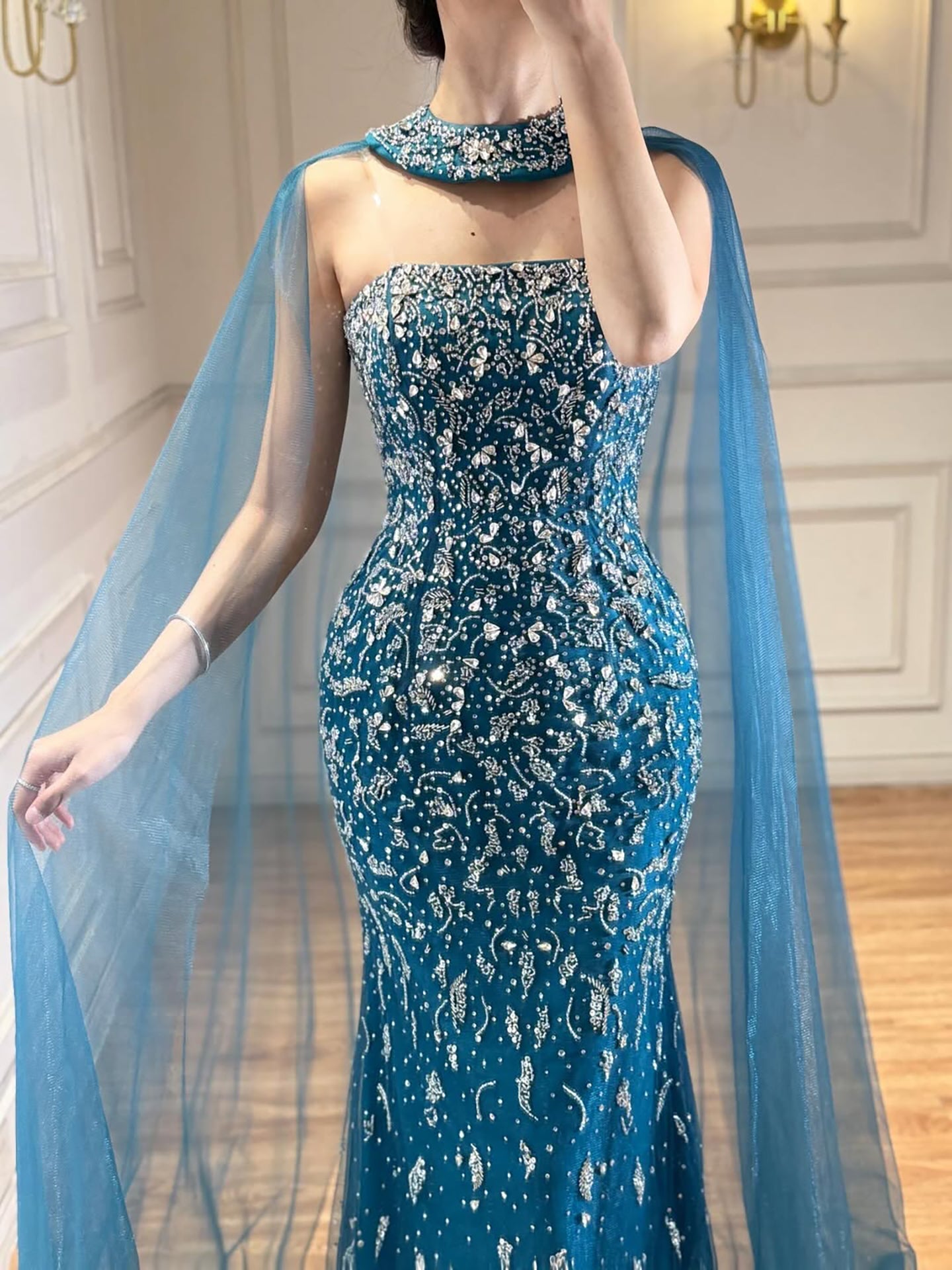 Luxury Blue Crystal Beaded Mermaid Evening Dress With Cape Sleeves CLA73692