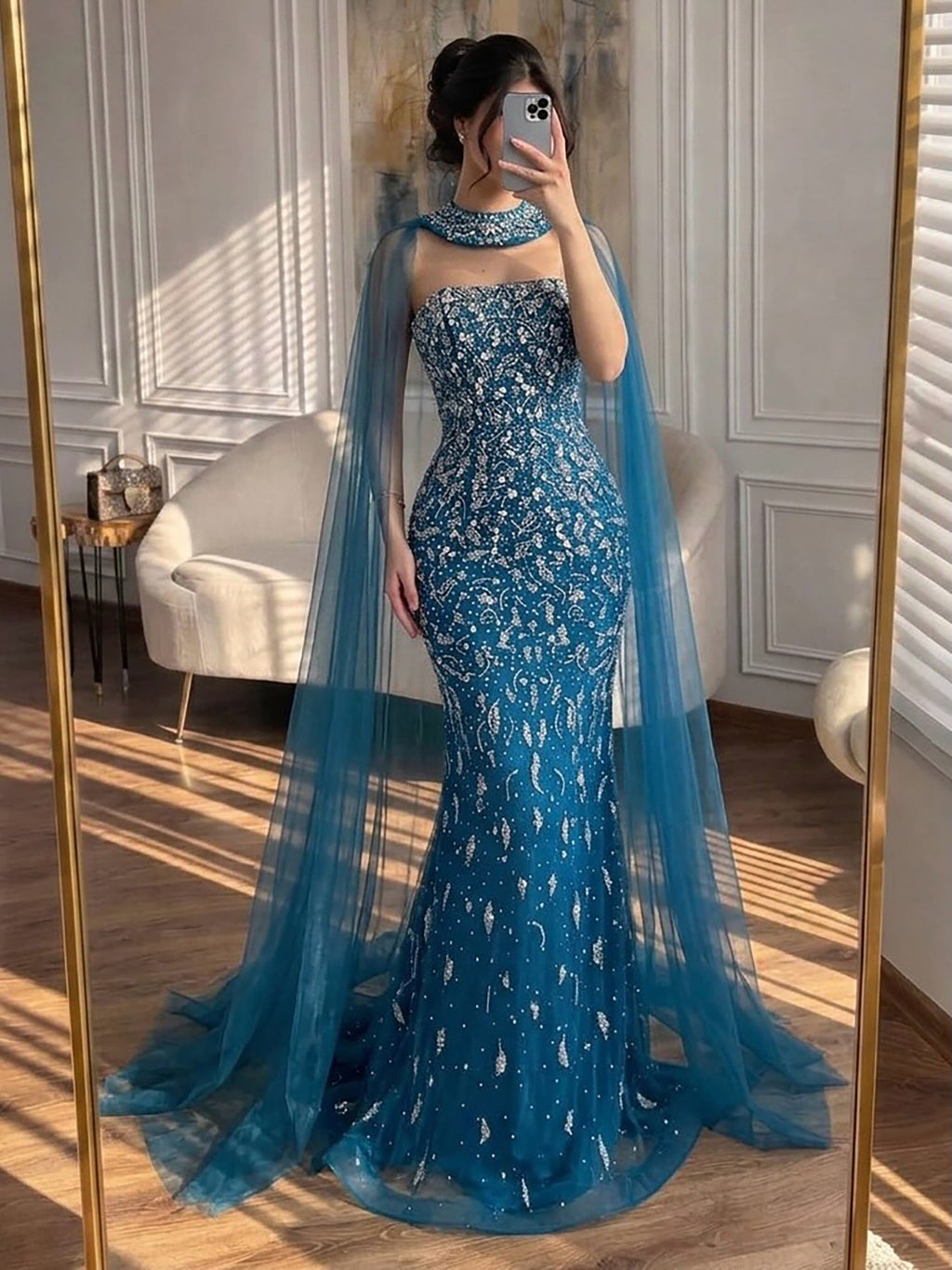 Luxury Blue Crystal Beaded Mermaid Evening Dress With Cape Sleeves CLA73692