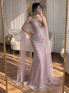 Luxury Blue Crystal Beaded Mermaid Evening Dress With Cape Sleeves CLA73692