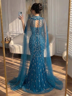 Luxury Blue Crystal Beaded Mermaid Evening Dress With Cape Sleeves CLA73692