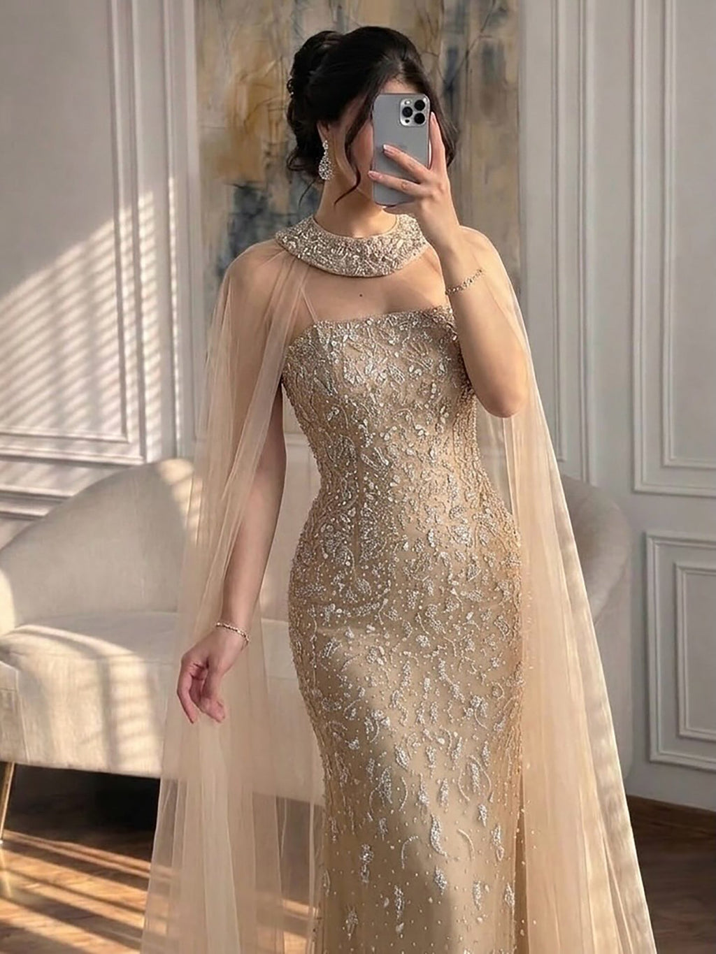 Luxury Blue Crystal Beaded Mermaid Evening Dress With Cape Sleeves CLA73692