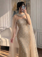 Luxury Blue Crystal Beaded Mermaid Evening Dress With Cape Sleeves CLA73692