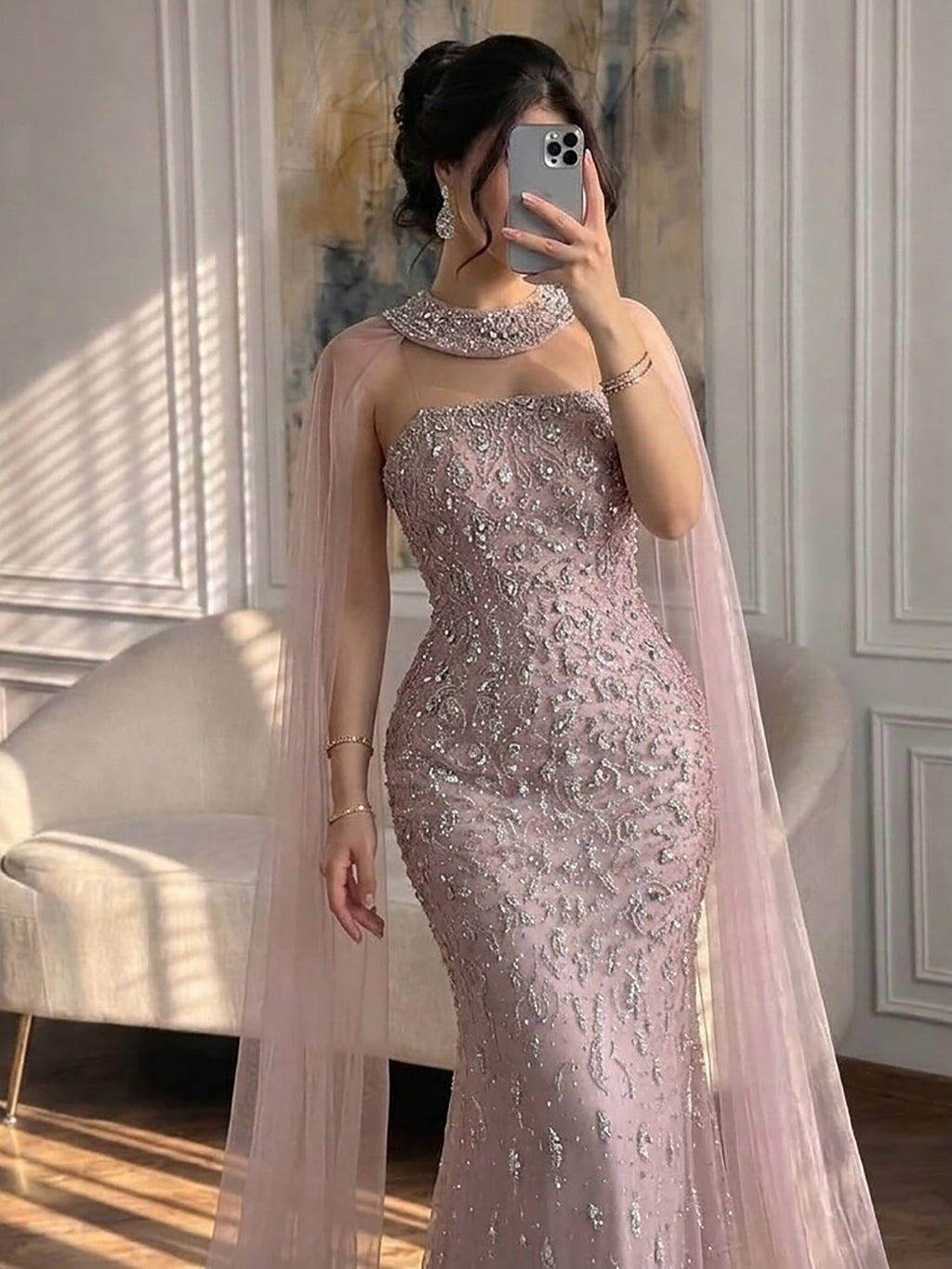 Luxury Blue Crystal Beaded Mermaid Evening Dress With Cape Sleeves CLA73692