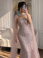 Luxury Blue Crystal Beaded Mermaid Evening Dress With Cape Sleeves CLA73692