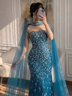Luxury Blue Crystal Beaded Mermaid Evening Dress With Cape Sleeves CLA73692