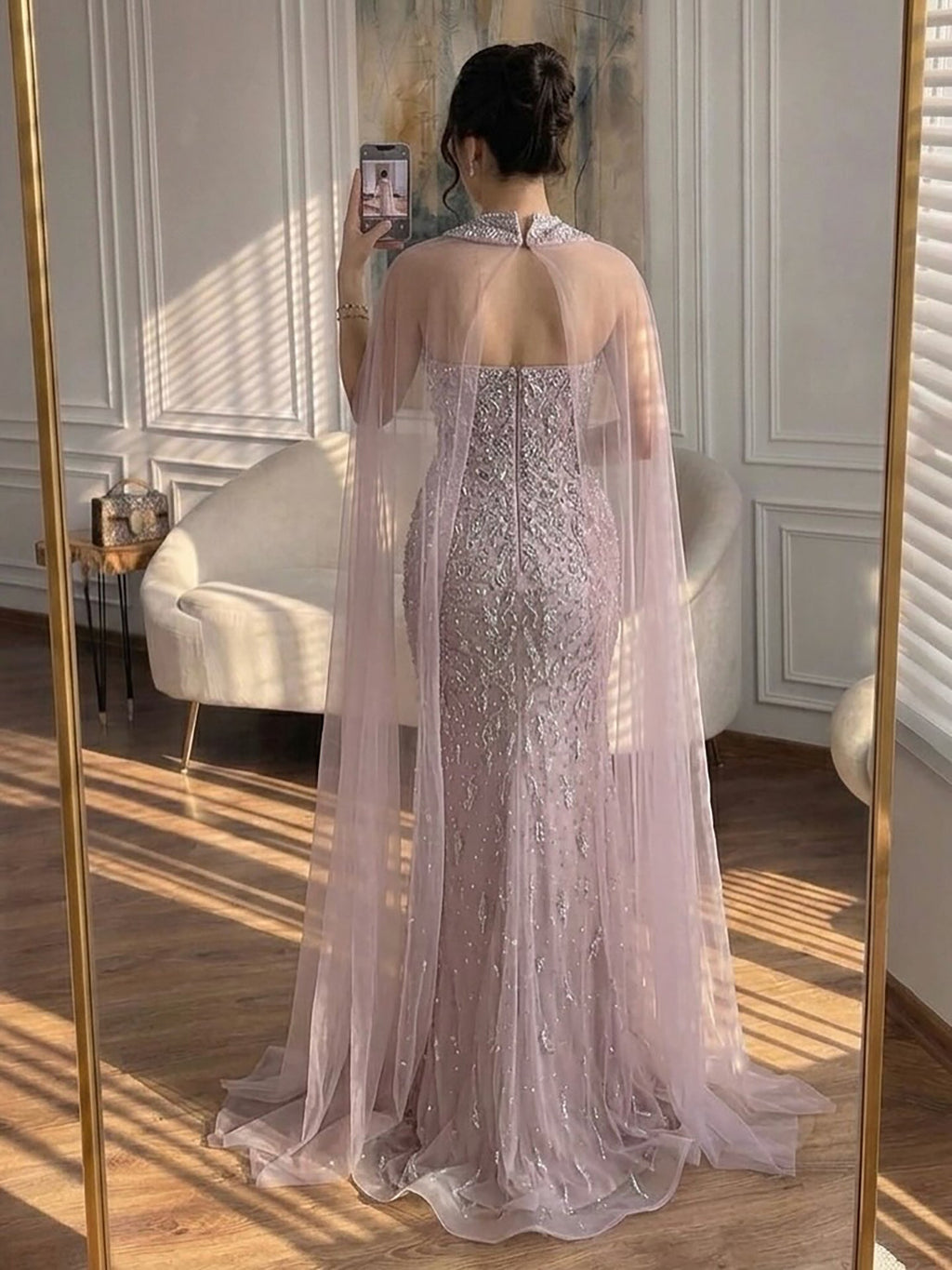 Luxury Blue Crystal Beaded Mermaid Evening Dress With Cape Sleeves CLA73692