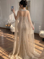 Luxury Blue Crystal Beaded Mermaid Evening Dress With Cape Sleeves CLA73692