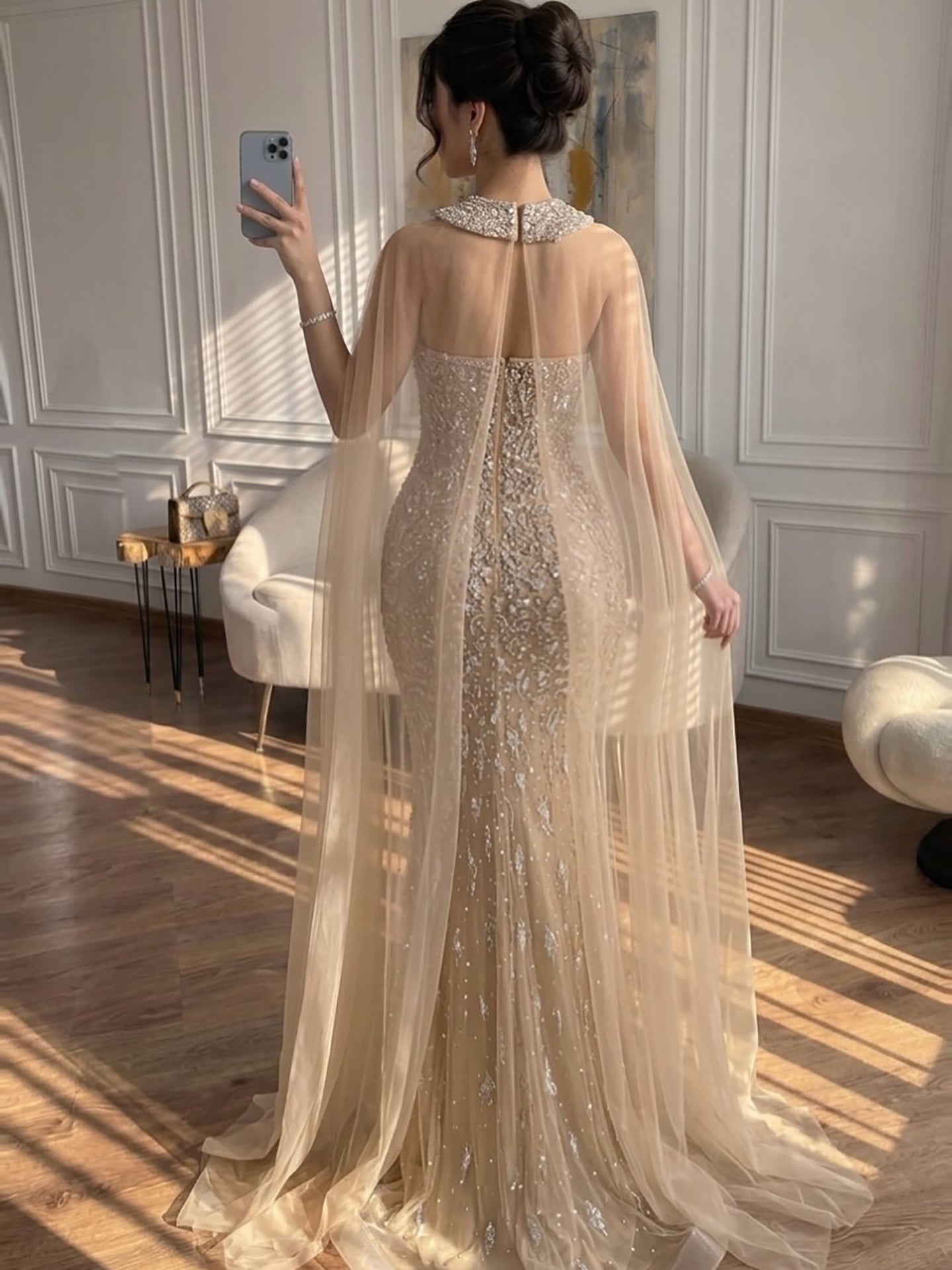Luxury Blue Crystal Beaded Mermaid Evening Dress With Cape Sleeves CLA73692
