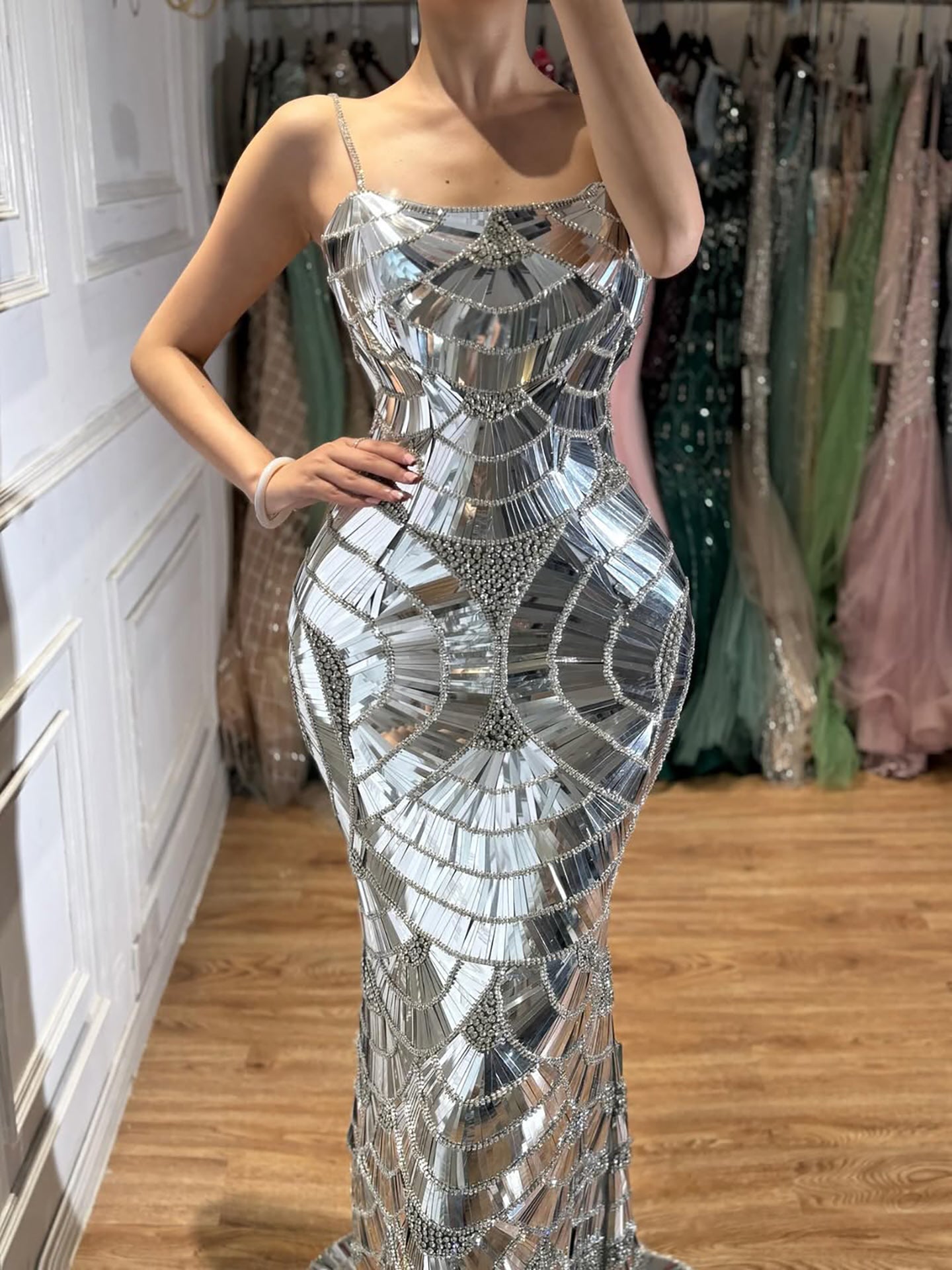 Luxury Silver Mirror Crystal Mermaid Evening Dress CLA73693