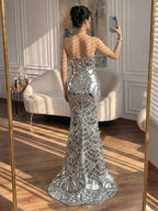 Luxury Silver Mirror Crystal Mermaid Evening Dress CLA73693