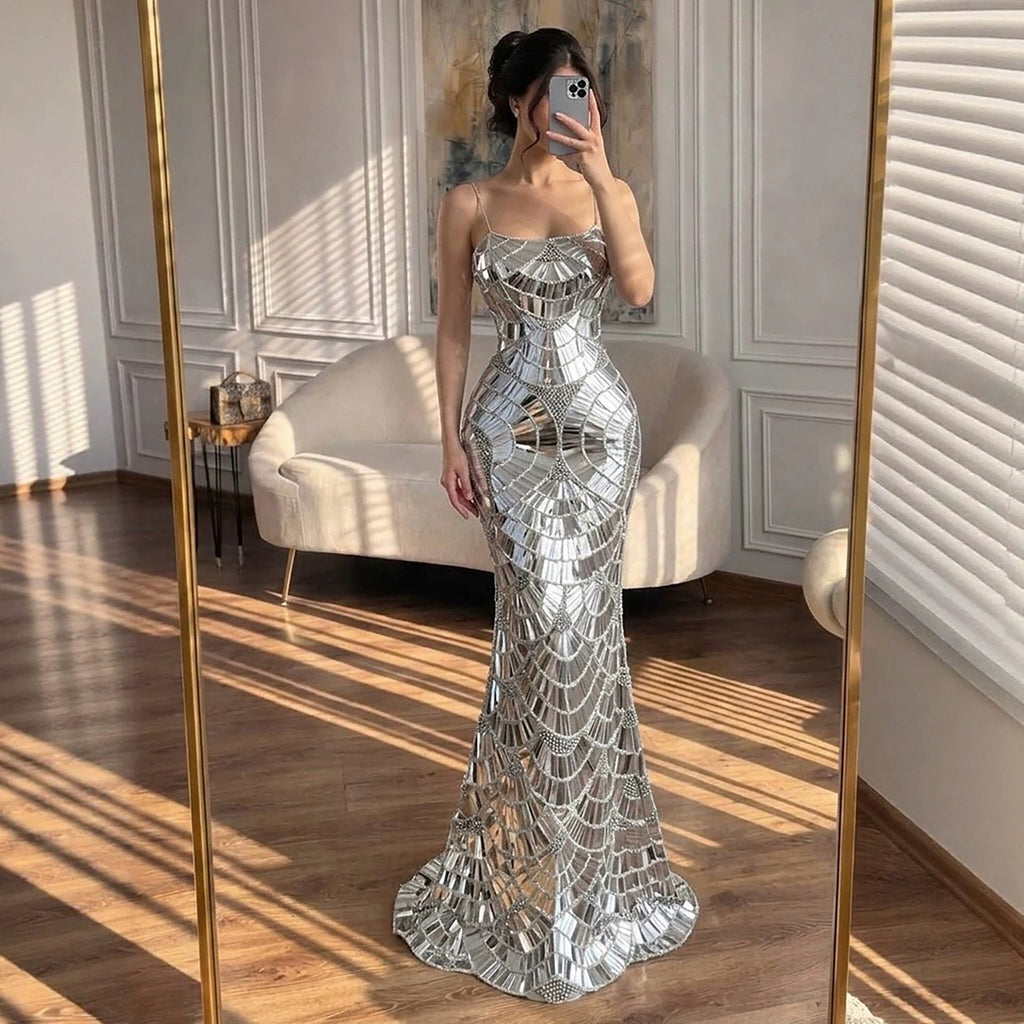 Luxury Silver Mirror Crystal Mermaid Evening Dress CLA73693