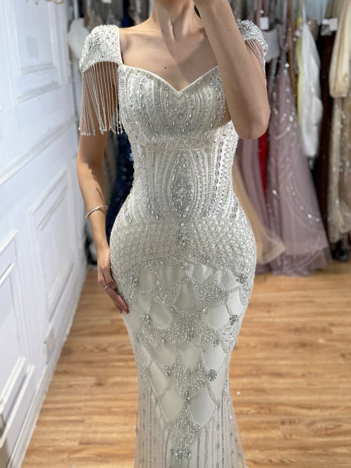Luxury Beige Crystal Beaded Sweetheart Mermaid Evening Dress Scale Embroidery Tassel Sleeve CLA73694