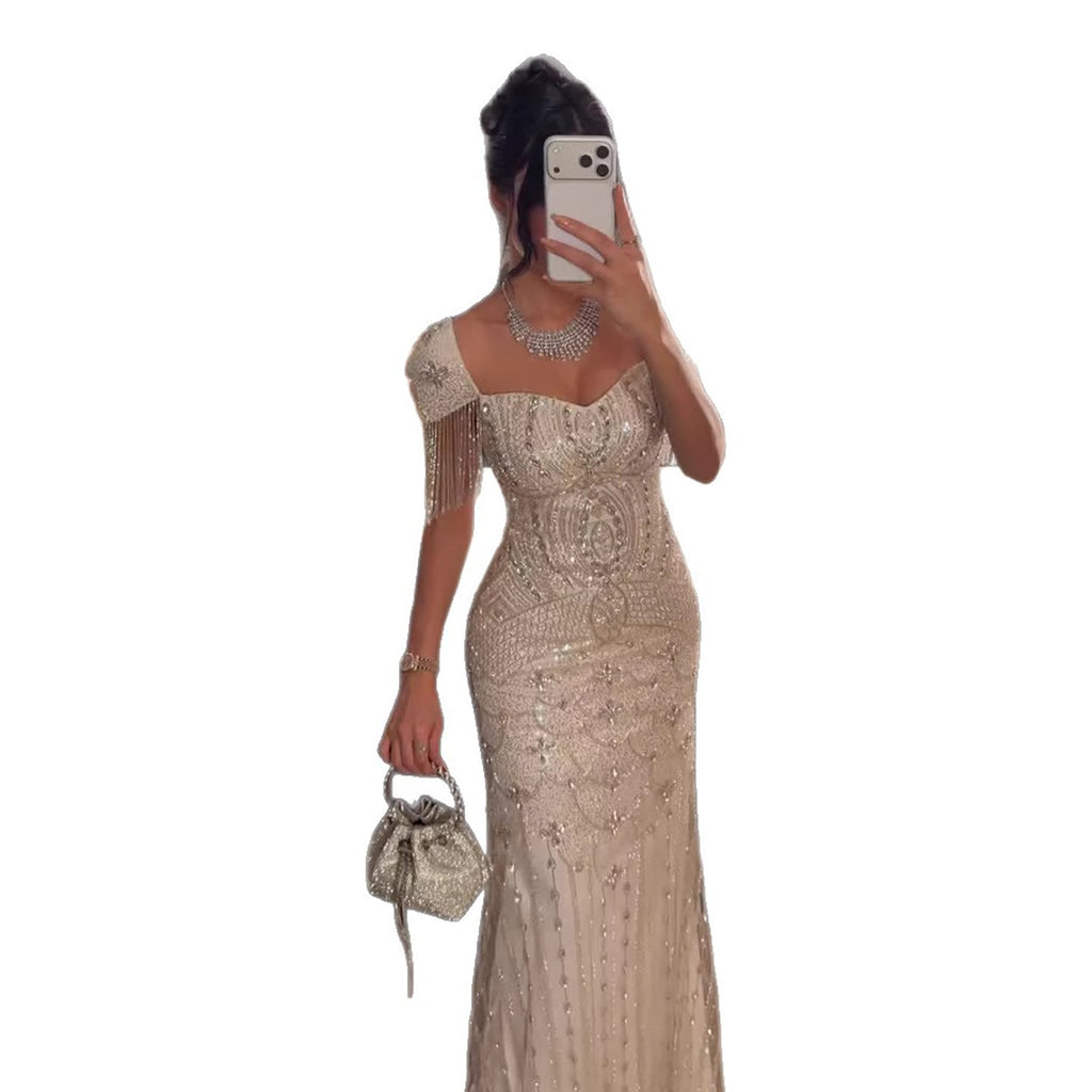Luxury Beige Crystal Beaded Mermaid Evening Dress Tassel Sleeve CLA73694